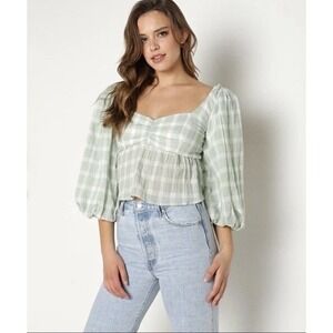 Show Me Your Mumu Angelique Top Sage Green Gingham Puff Sleeve Blouse XS